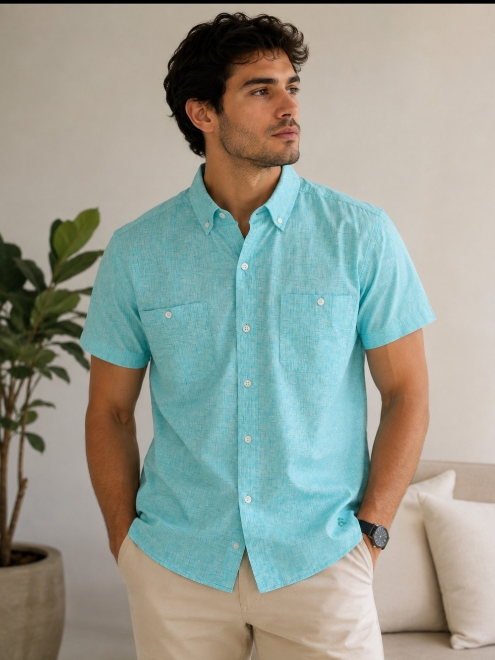 Caribbean Joe Short-Sleeve Button-Down Shirt in Aqua Blue